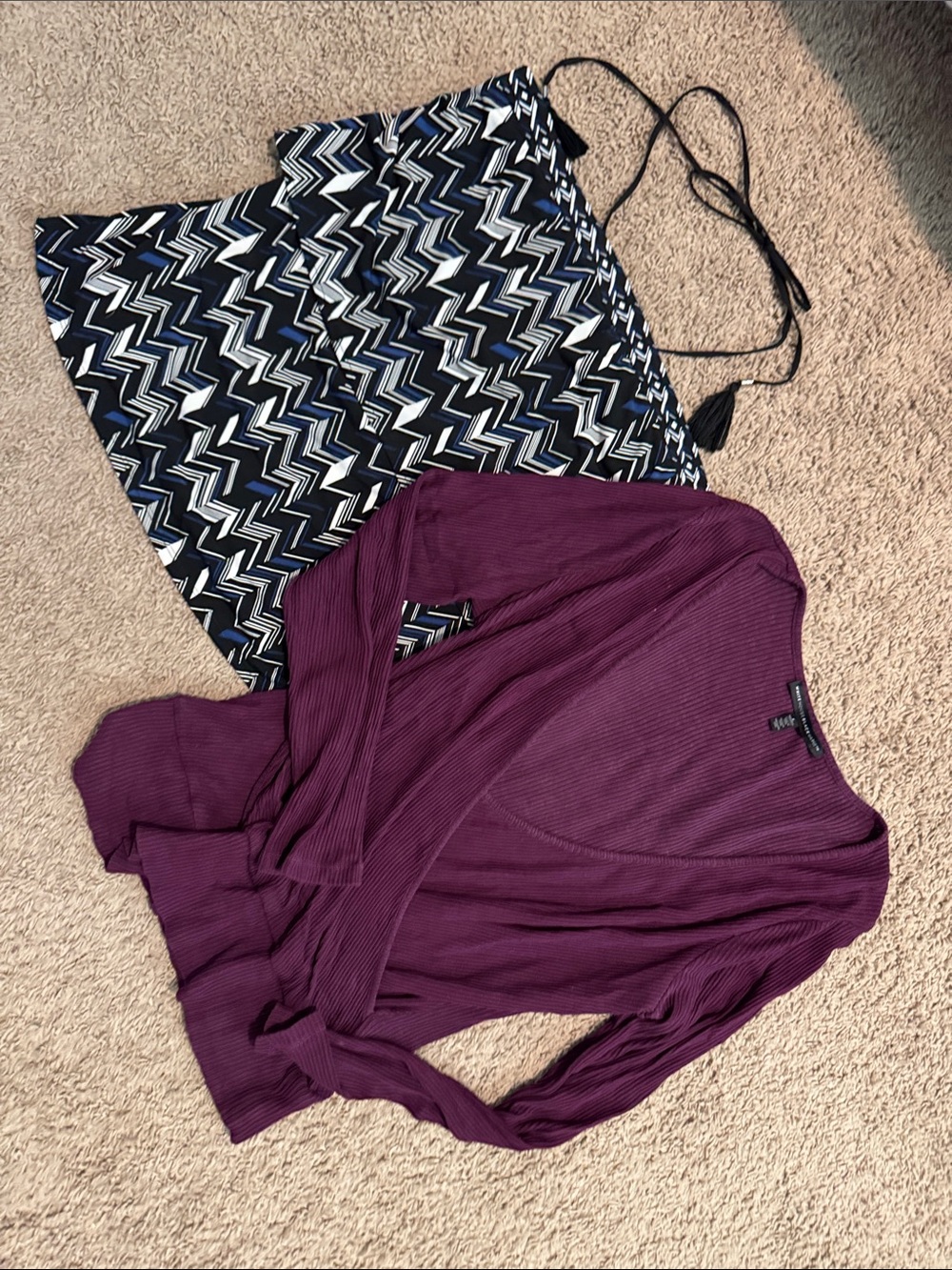 White House Black Market Plum Ribbed Wrap Top and Geometric Halter
